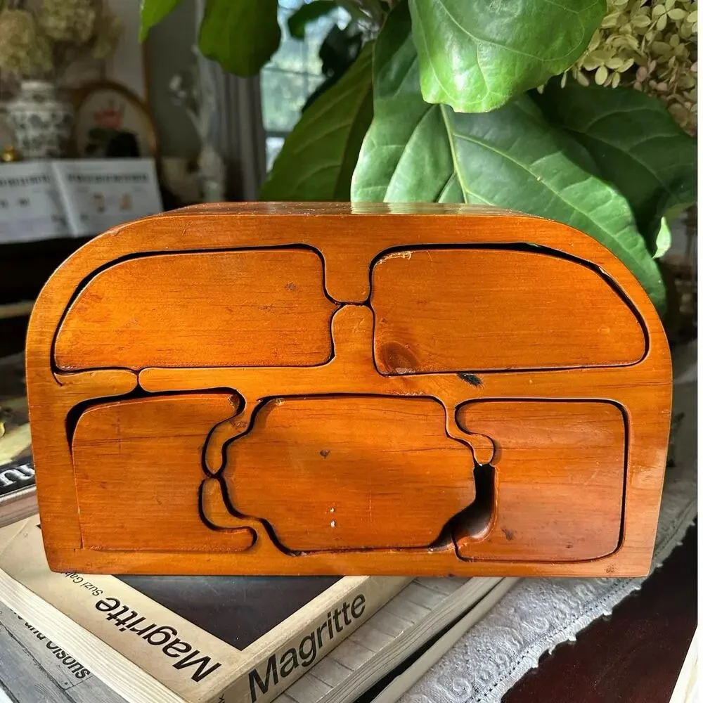 Vintage Wooden Jewelry Trinket Box Handmade Wave Artisan Wood unique puzzleREAD